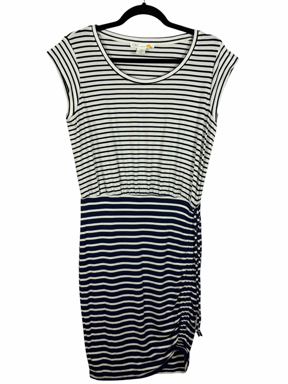 C&C California Striped Ruched Drawstring Dress Navy White Medium
